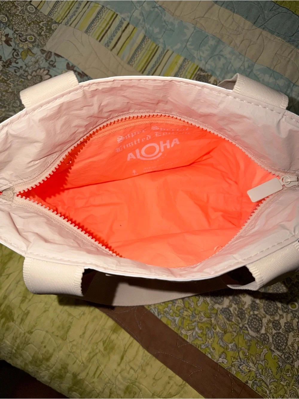 ALOHA Collection White Tote with Orange Shell Print and Beige Straps